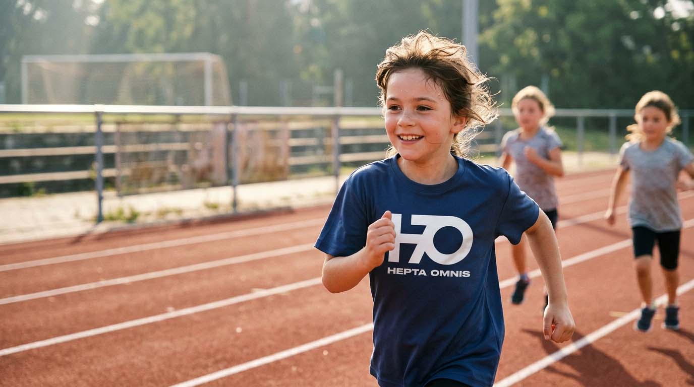 HEPTA OMNIS Kids Athletics programında atletizm pistinde koşu yapan, sporu ve aktif yaşamı seven mutlu çocuk.