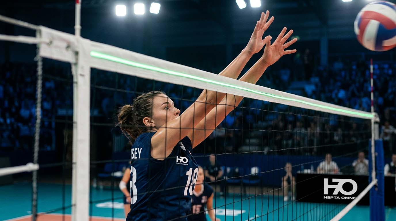 Profesyonel kadın voleybolcunun file önünde uyguladığı doğru blok tekniği ve savunma duruşu - Pro Performance Voleybol.