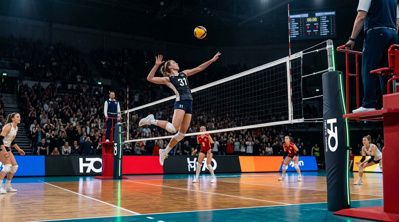 Maç sırasında yüksek dikey sıçrama kapasitesi ve patlayıcı güç ile smaç vurmaya hazırlanan profesyonel voleybolcu.